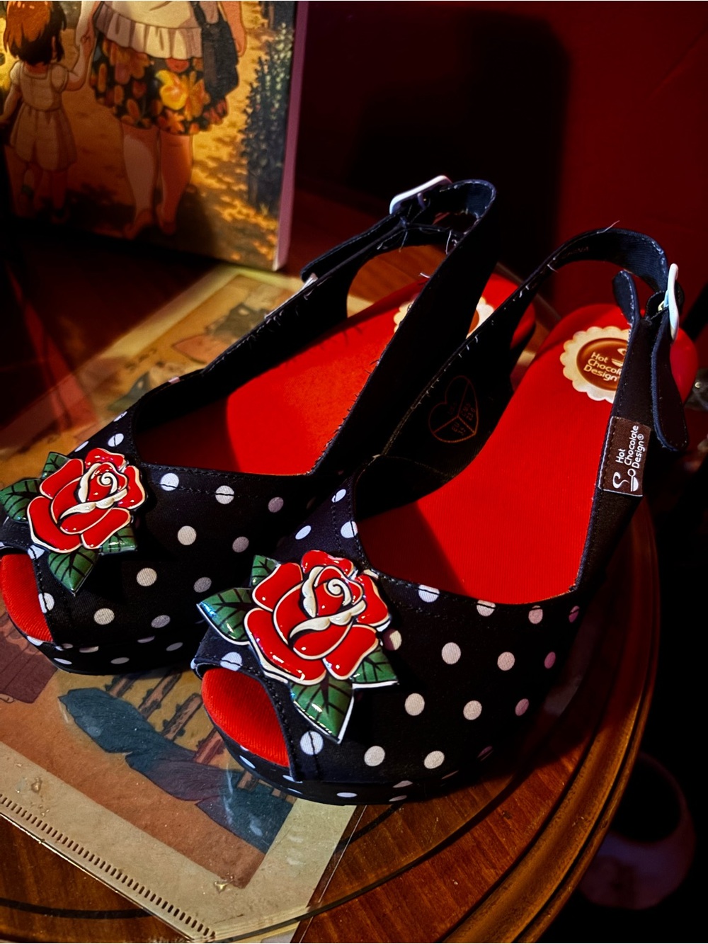 Polka Dot Slingback Peep-Toe Sandals with Red Rose Applique - Black/Red